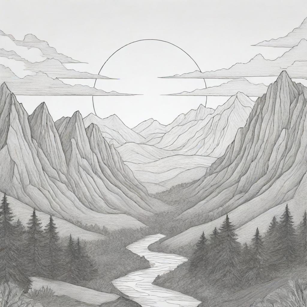 A landscape embodying a striking sunrise creeping up past towering mountains