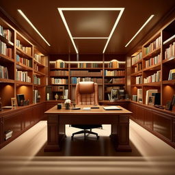 A luxurious boss office, measuring 15ft by 15ft, equipped with a grand desk, a plush executive chair, and wall-to-wall bookshelves, illuminated by classy ambient lighting.