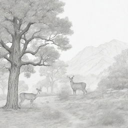 Line art suitable for a coloring page depicting a deer calmly grazing by a tree, with a subtle mountain lion stalking in the background