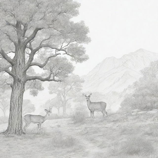 Line art suitable for a coloring page depicting a deer calmly grazing by a tree, with a subtle mountain lion stalking in the background