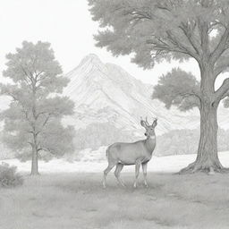 Line art suitable for a coloring page depicting a deer calmly grazing by a tree, with a subtle mountain lion stalking in the background