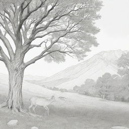 Line art suitable for a coloring page depicting a deer calmly grazing by a tree, with a subtle mountain lion stalking in the background