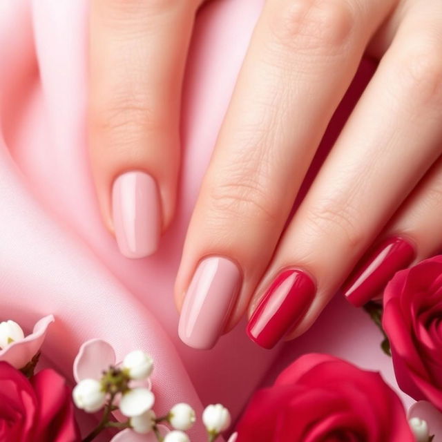 A beautifully arranged photo showcasing elegant and simple manicure designs featuring nails painted in nude pink and a rich red