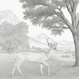 Line art suitable for a coloring page depicting a deer calmly grazing by a tree, with a subtle mountain lion stalking in the background