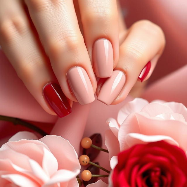 A beautifully arranged photo showcasing elegant and simple manicure designs featuring nails painted in nude pink and a rich red