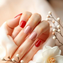 A beautifully arranged photo showcasing elegant and simple manicure designs featuring nails painted in nude pink and a rich red