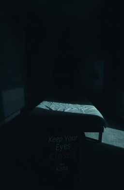 An empty bed in the center of a dimly lit room, with a dark shadow ominously looming over it