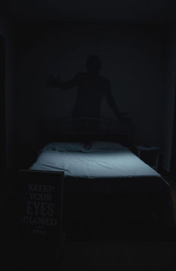 An empty bed in the center of a dimly lit room, with a dark shadow ominously looming over it