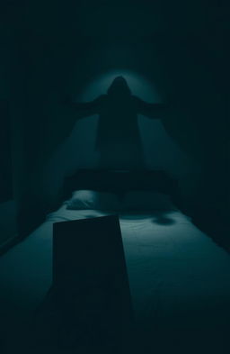 An empty bed in the center of a dimly lit room, with a dark shadow ominously looming over it