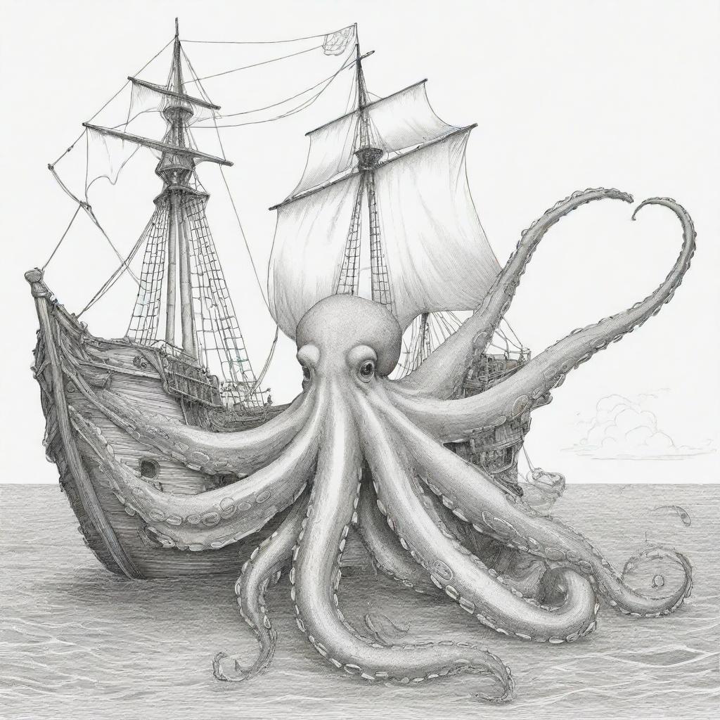 big octopus holding on to a pirate ship, coloring page line art