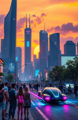 A futuristic cityscape at sunset, showcasing towering skyscrapers with neon lights and holographic advertisements
