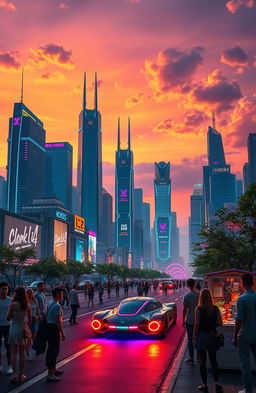 A futuristic cityscape at sunset, showcasing towering skyscrapers with neon lights and holographic advertisements
