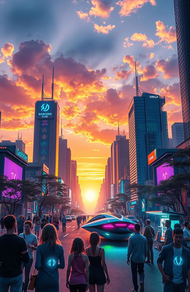 A futuristic cityscape at sunset, showcasing towering skyscrapers with neon lights and holographic advertisements