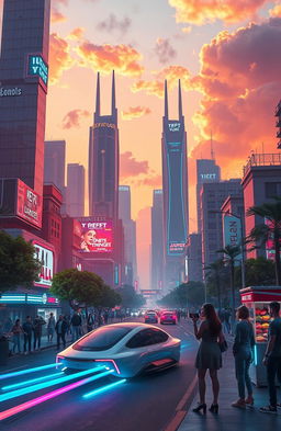 A futuristic cityscape at sunset, showcasing towering skyscrapers with neon lights and holographic advertisements