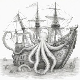 big octopus holding on to a pirate ship, coloring page line art