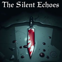 A detailed image of a knife stained with blood, lying in a puddle that reflects the scene above