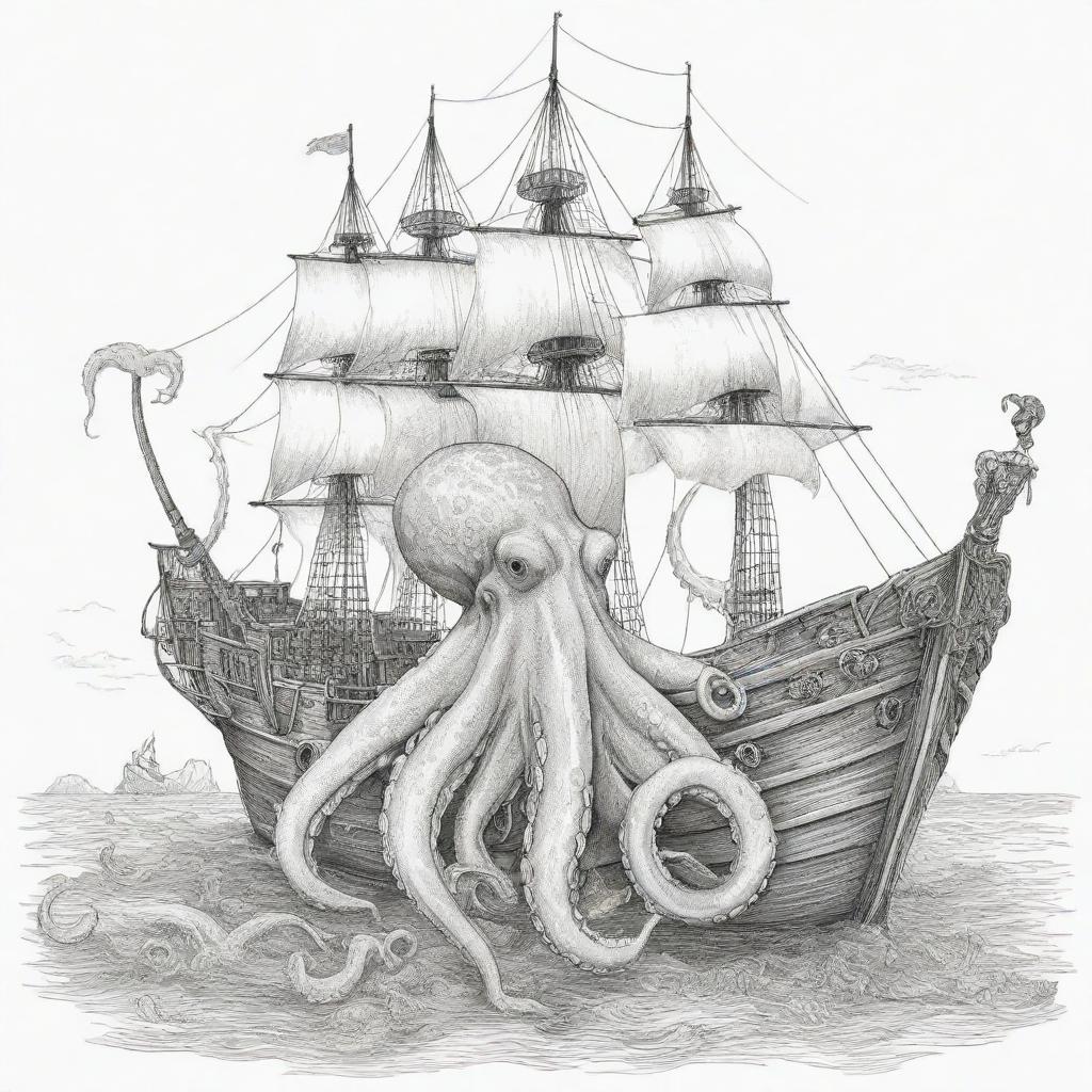 big octopus holding on to a pirate ship, coloring page line art