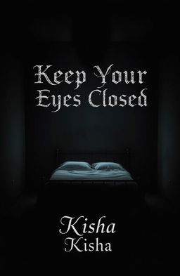 An empty bed positioned in the center of a dimly lit, unsettling room with dark, shadowy corners