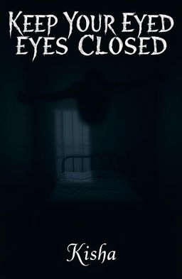 An empty bed positioned in the center of a dimly lit, unsettling room with dark, shadowy corners