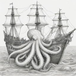 big octopus holding on to a pirate ship, coloring page line art