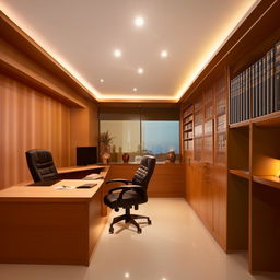 Design a 15ft by 15ft boss office that complies with Vastu principles. Include elements like a spacious desk, a large chair, bookshelves, and adequate lighting, keeping all necessities in the right direction.