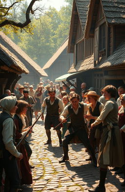 A vibrant 1800s village scene filled with young adults engaged in a dramatic game of life and death