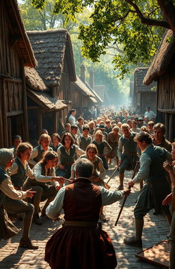 A vibrant 1800s village scene filled with young adults engaged in a dramatic game of life and death