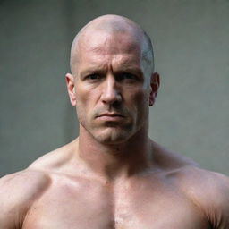 A stern, bald man with a piercing gaze and muscular build, fostering a deep sense of intimidation.