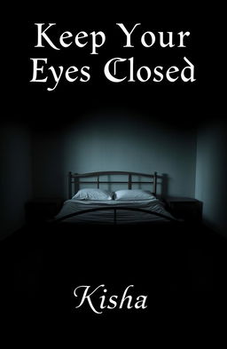 An empty bed positioned centrally in a dimly lit room, with dark shadows looming ominously over it