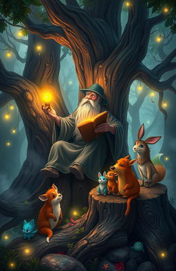 A captivating scene depicting a mysterious storyteller in an enchanted forest, surrounded by glowing magical creatures and ethereal elements