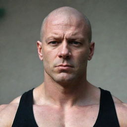 A stern, bald man with a piercing gaze and muscular build, fostering a deep sense of intimidation.