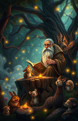 A captivating scene depicting a mysterious storyteller in an enchanted forest, surrounded by glowing magical creatures and ethereal elements