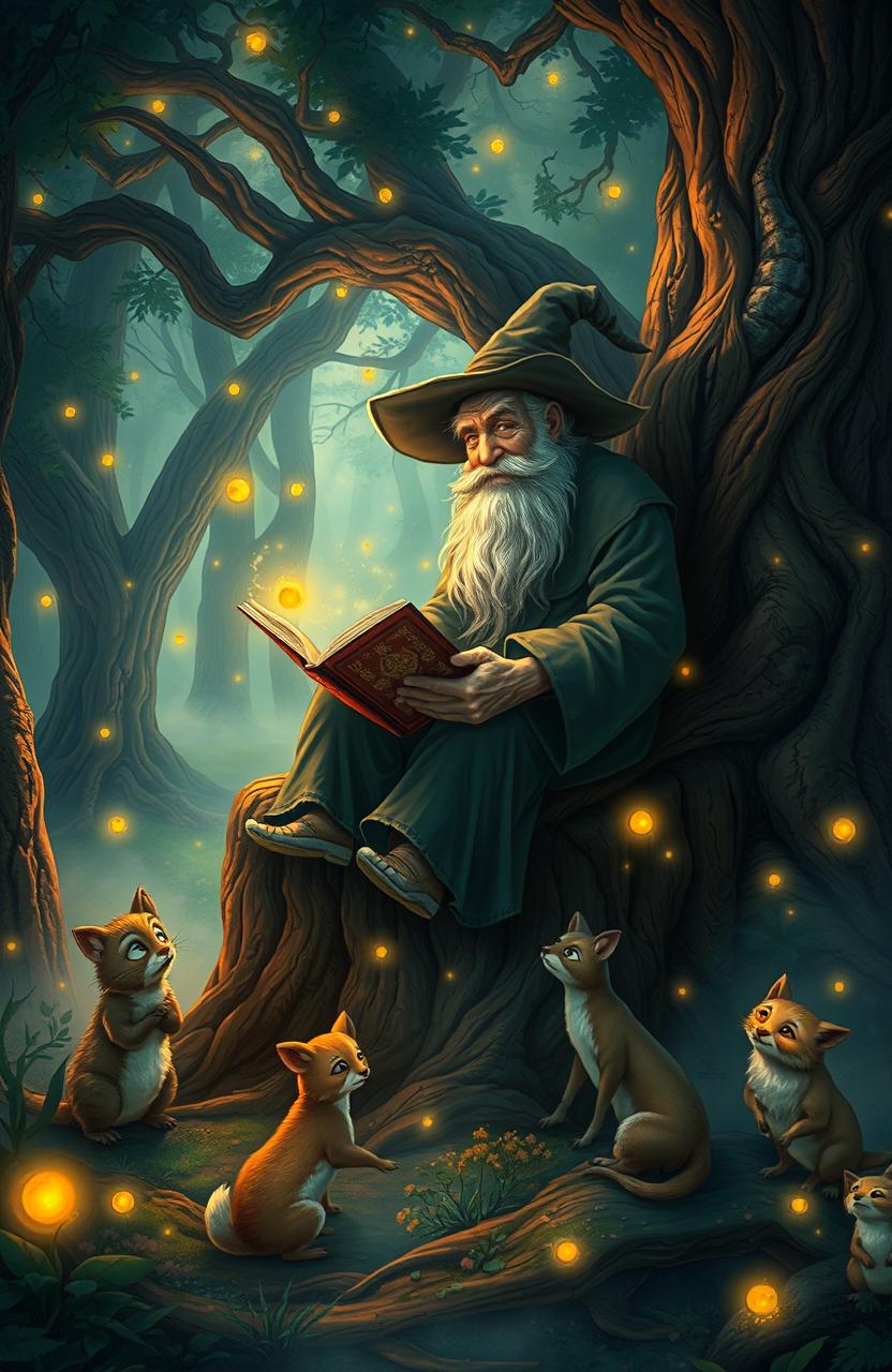 A captivating scene depicting a mysterious storyteller in an enchanted forest, surrounded by glowing magical creatures and ethereal elements