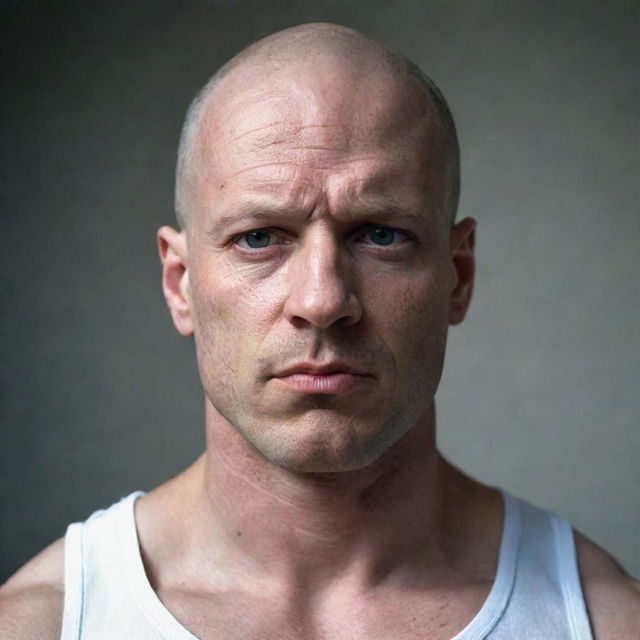 A stern, bald man with a piercing gaze and muscular build, fostering a deep sense of intimidation.