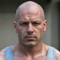 A stern, bald man with a piercing gaze and muscular build, fostering a deep sense of intimidation.