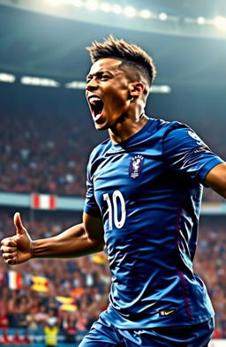 A vibrant and energetic depiction of Kylian Mbappe, the French football superstar, celebrating a goal on the pitch