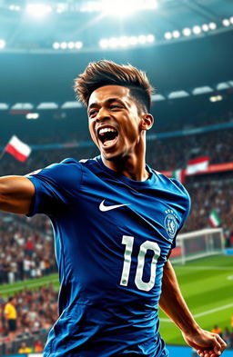 A vibrant and energetic depiction of Kylian Mbappe, the French football superstar, celebrating a goal on the pitch