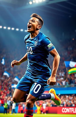 A vibrant and energetic depiction of Kylian Mbappe, the French football superstar, celebrating a goal on the pitch