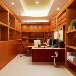 Design a 15ft by 15ft boss office that complies with Vastu principles. Include elements like a spacious desk, a large chair, bookshelves, and adequate lighting, keeping all necessities in the right direction.