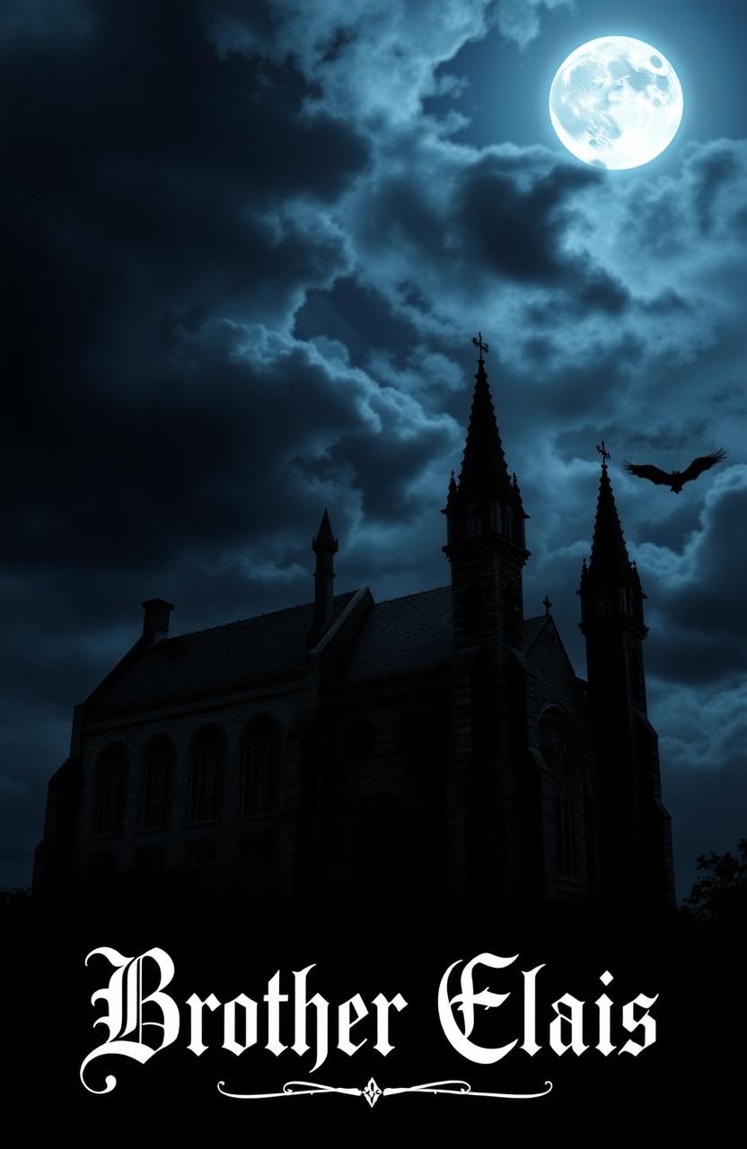 An ominous and dark monastery silhouetted against a stormy night sky filled with dark, swirling clouds