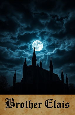 An ominous and dark monastery silhouetted against a stormy night sky filled with dark, swirling clouds