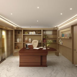 Design a 15ft by 15ft boss office that complies with Vastu principles. Include elements like a spacious desk, a large chair, bookshelves, and adequate lighting, keeping all necessities in the right direction.