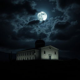 An ominous scene of the Samos Monastery under a dark, foreboding sky illuminated by a full moon at night