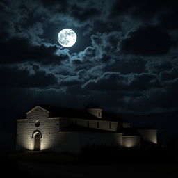 An ominous scene of the Samos Monastery under a dark, foreboding sky illuminated by a full moon at night