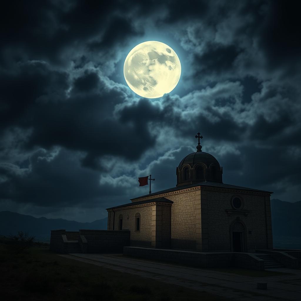 An ominous scene of the Samos Monastery under a dark, foreboding sky illuminated by a full moon at night