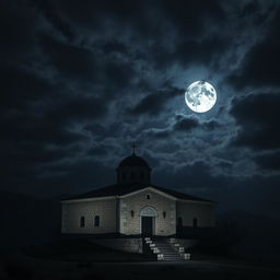 An ominous scene of the Samos Monastery under a dark, foreboding sky illuminated by a full moon at night