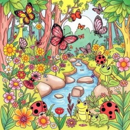 A whimsical and colorful illustration for a children's coloring book featuring various cute and friendly nature creatures, including butterflies, ladybugs, frogs, and caterpillars, set in a vibrant forest