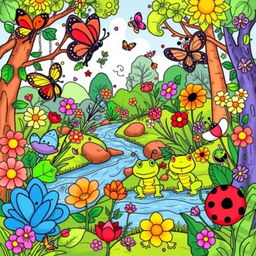 A whimsical and colorful illustration for a children's coloring book featuring various cute and friendly nature creatures, including butterflies, ladybugs, frogs, and caterpillars, set in a vibrant forest