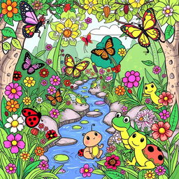 A whimsical and colorful illustration for a children's coloring book featuring various cute and friendly nature creatures, including butterflies, ladybugs, frogs, and caterpillars, set in a vibrant forest