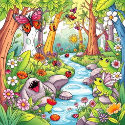 A whimsical and colorful illustration for a children's coloring book featuring various cute and friendly nature creatures, including butterflies, ladybugs, frogs, and caterpillars, set in a vibrant forest